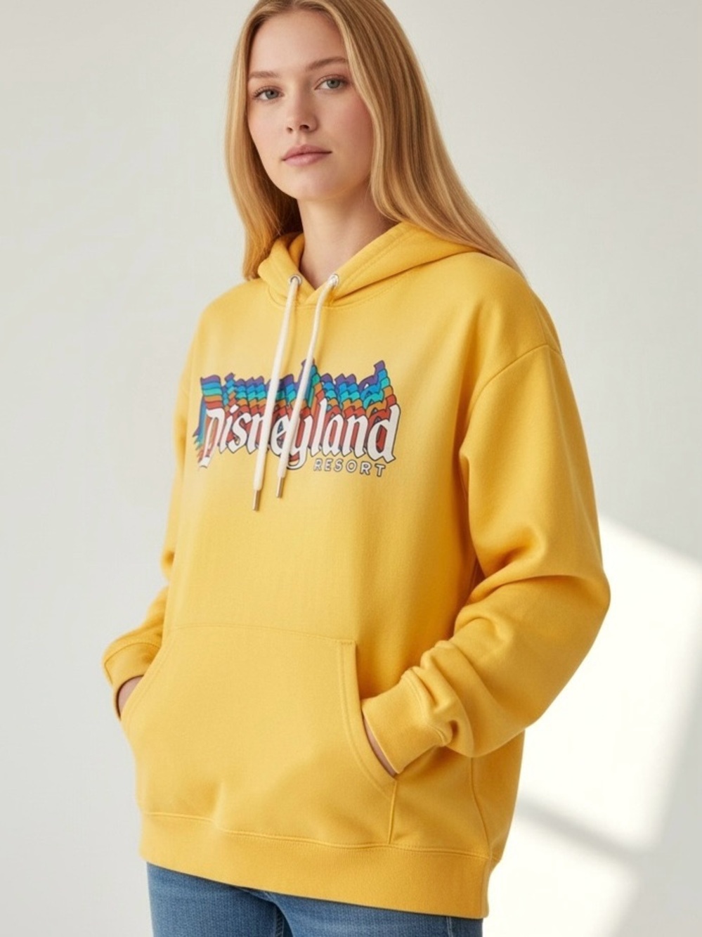 Disney Parks Disneyland Resort Retro Rainbow Hoodie Sweatshirt Butter Yellow XL